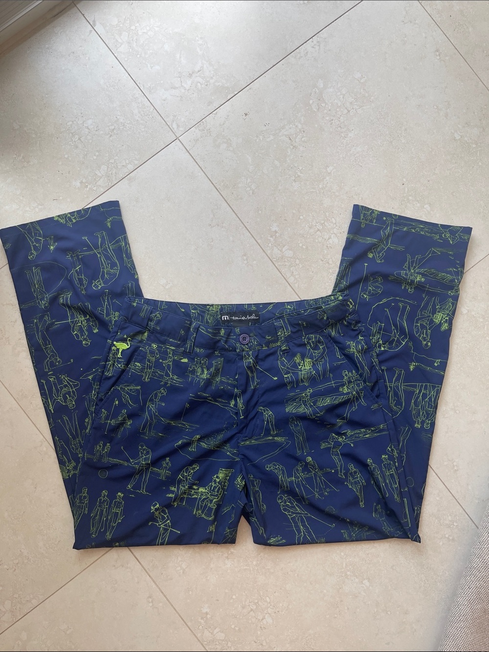 Travis Mathew Navy Blue 32W Lightweight with Lime Green Golf Sketch Print